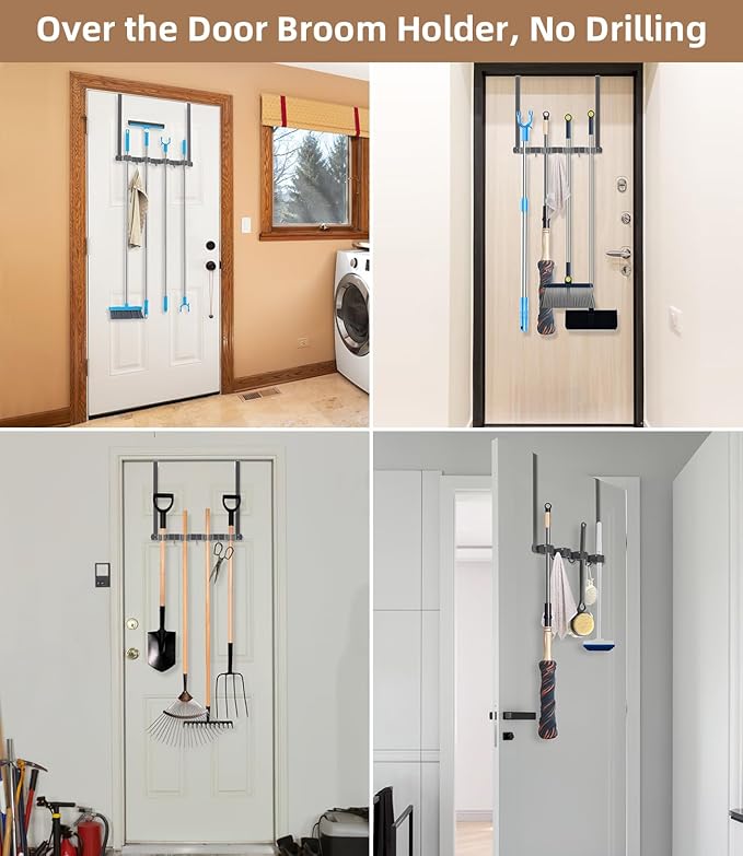 Broom Holder Over The Door-304 Stainless Steel Mop and Broom Holder Wall Mounted or Hanging Over The Door with Hooks - Broom Hanger, Tool Organizer for Garage Closet Laundry Kitchen-Space grey