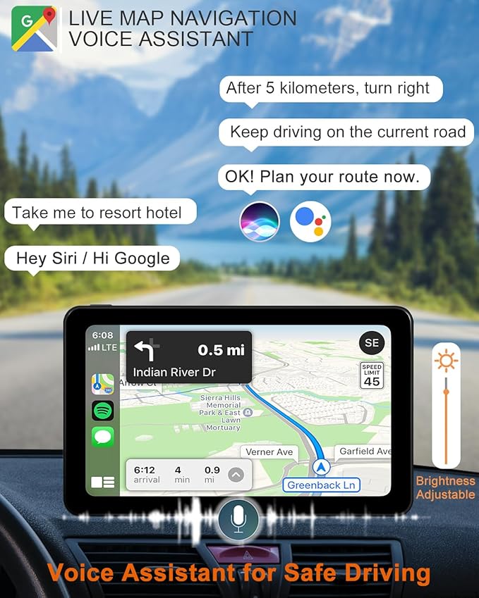Compatible Wireless Apple CarPlay Android Auto Car Screen, 7 Inch HD Bluetooth Screen Protable Car Stereo Naivgation Music Video Player Mirrorring, Siri, AirPlay, AUX, Voice Assistant