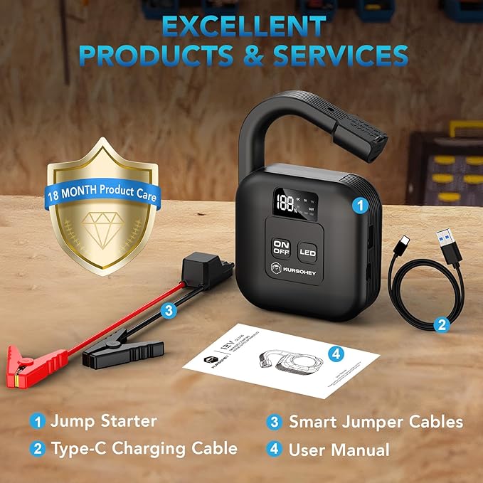 Portable Car Jump Starter with Camp Light, 2000A Peak, Ultrasafe 12V Battery, 8000mAh, for 9L Gas/7L Diesel Engines, Dead Battery Booster, USB Output Power Bank