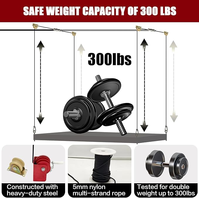 Overhead Garage Storage Rack - Heavy-duty Lifting Garage Ceiling Storage Rack,Adjustable Organization System, 300lbs Weight, Easy Installation & Operation