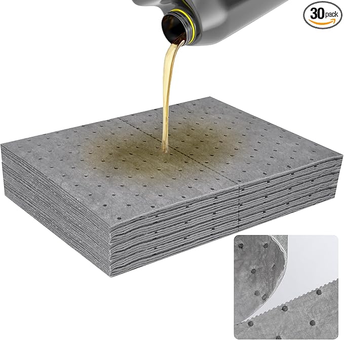 30PC Oil Absorbent Pads | 13"X10" Meltblown Polypropylene Mats, Hand-Tear Lines for Automotive & Workshop | Vacuum Eco-Packaging, Reusable Spill Control