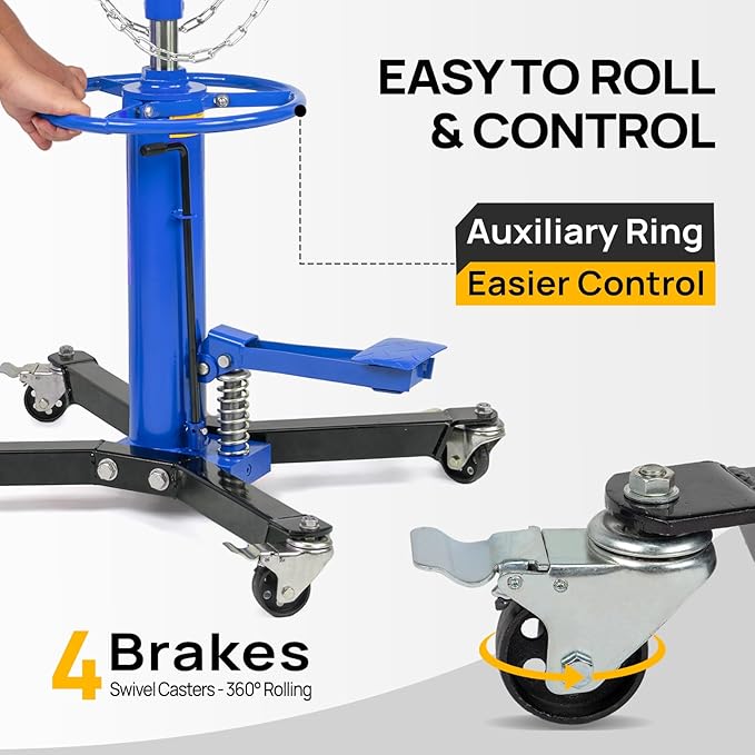 TUFFIOM Transmission Jack, 1660 lbs 3/4-Ton Hydraulic 2-Stage High Lift Vertical Telescoping Floor Jack Stand, 34" to 68" Lifting Range, w/Pedal, 360° Swivel Wheels, Garage/Shop Lift Hoist, Blue