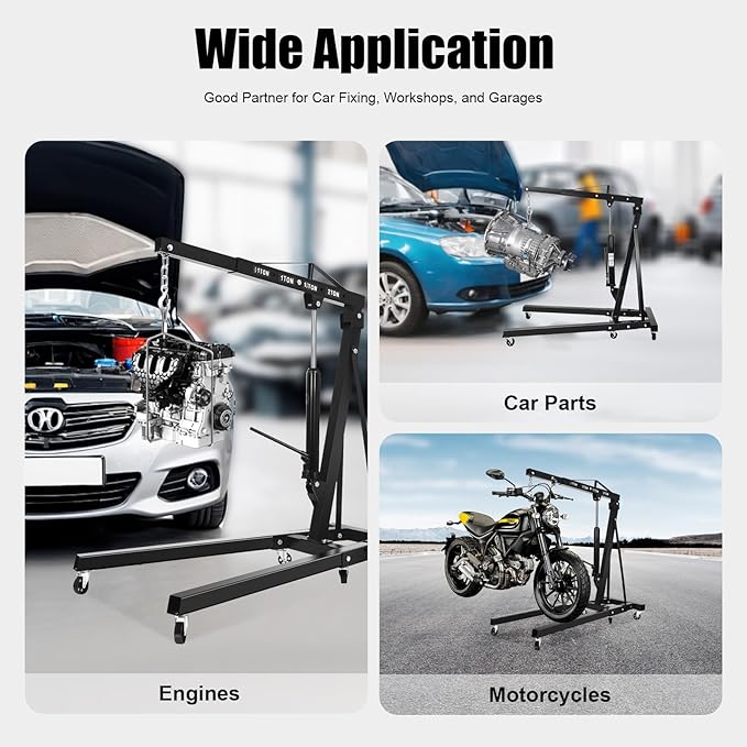 6.89Ft Folding Engine Lift 2 Ton Folding Cherry Picker Shop Crane Hoist Lift Engine Hoist with 6 Wheels Engine Crane Folding Engine Hoist for Car Fixing Workshops Garages (Black)