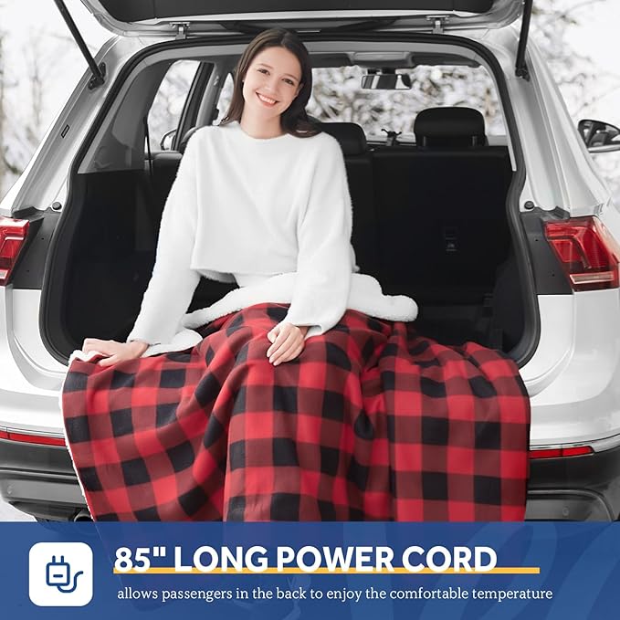 Sealy 12-Volt Heated Car Blanket with 2 Output USB Ports, 3 Heating Levels & 4 Hours Auto Off, Electric Blanket for Car Truck, SUV, RV or Camping, Machine Washable, 59" X 43", Plaid