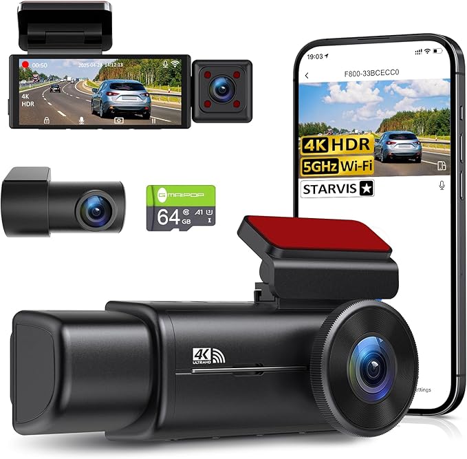 4K 3 Channel Dash Cam Front Rear Inside，STARVIS Sensor, 5GHz WiFi,64GB Card Included, 2160P+1080P+1080P Car Dash Camera, 3.16" IPS Screen, IR Night Vision,HDR, G-Sensor, 24/7 Parking Mode