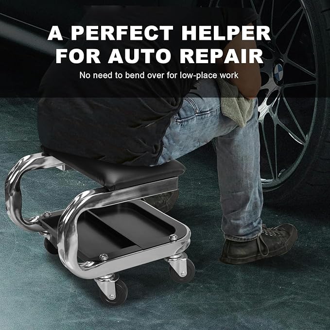 Torin AR7451B Heavy Duty Rolling Creeper Garage/Shop Seat: Padded Mechanic Stool with Tool Tray Storage and Cup Holder, Black