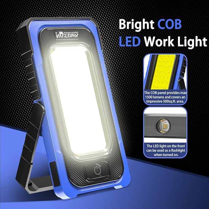 WARSUN Led Work Light Rechargeable, Portable Magnetic Work Light, LED Flood Light Waterproof for Outdoor Camping Hiking Emergency Car Repairing (USB + Solar Charging, Blue)