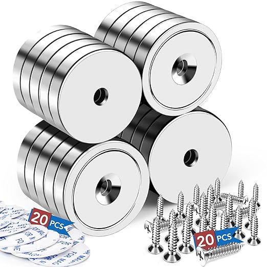 LOVIMAG Neodymium Cup Magnets,110LBS Holding Force Strong Rare Earth Magnets with Heavy Duty Countersunk Hole and Double Sided Adhensive&Stainless Screws for Tool Room,Workplace,Hanging-Pack of 20