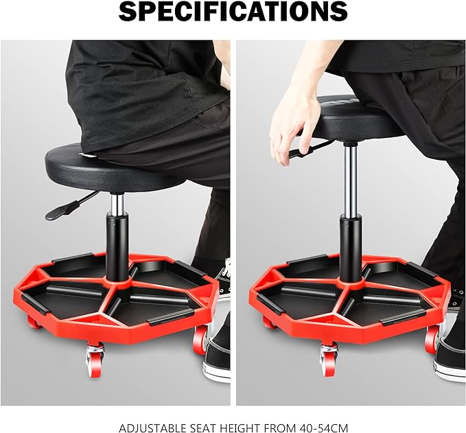 DNA MOTORING TOOLS-00253 Adjustable Height Pneumatic Garage Seat Rolling Mechanic Stool with Tool Tray Storage,300lbs Max Weight Capacity