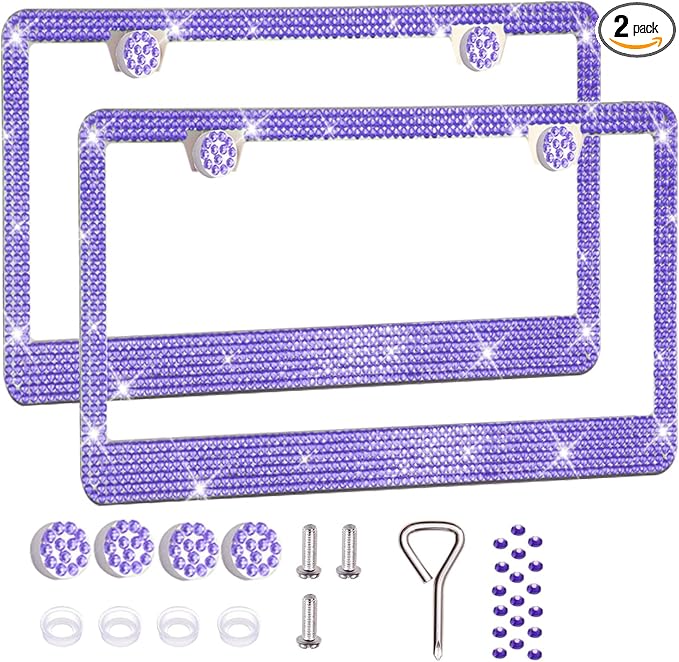 2 Pack License Plate Frames for Women, Sparkly Rhinestone Diamond Car Accessories with Glitter Crystal Caps (Purple (2PCS))