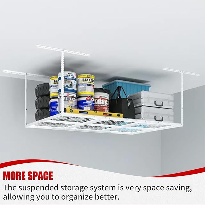 Heavy Duty Overhead Garage Storage Rack, Adjustable Organization System, Metal Garage Ceiling Storage Racks, White