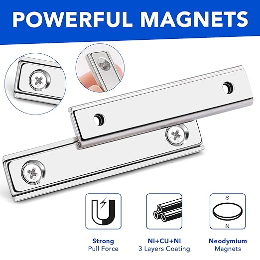 MIKEDE Strong Magnets Bar, 70LB Neodymium Rare Earth Magnet Heavy Duty, 12 Pack Rectangular Magnet with Countersunk Hole and Steel Capsule, Mounting Strips for Home, Garage - 60x13.5x5mm