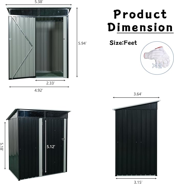 Metal 5x3 FT Garden Storage Shed, Outdoor Small Shed with Sloped Water-Resistant Roof and Lockable Door for Backyard, Patio,Garage and Bike Storage Black