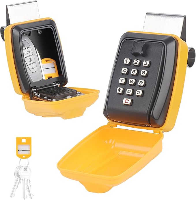 Car Window Punch Button Lock Box, Yellow Portable Car Key Lock Box with Key Labeling Tag, Sturdy Waterproof Large Capacity Lock Box for Turo, Ride Share, GetAround