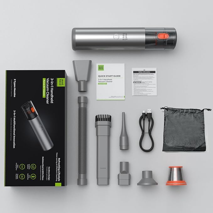 Minthouz Car Vacuum Portable Cordless, 3-in-1 Mini Handheld Vacuum, Strong Suction Combining Vacuuming, Blowing, and Pumping, HEPA Filters, Lightweight for Car, Home, Office Desk, Keyboards