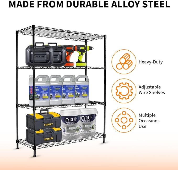 Heavy-Duty Black 4 Tiers Steel 36x14x54 Wire Shelving NSF Certified. Adjustable Storage Rack for Kitchen,Garage,and Laundry Utility Room (4Tiers-36x14x54)