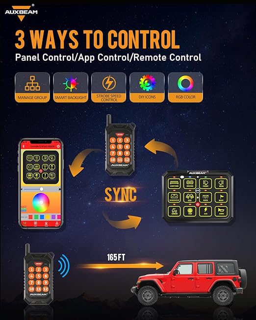 Auxbeam 12 Gang Switch Panel Bluetooth RGB AC-1200 with APP&Remote Control Toggle Momentary Pulsed Switch Pod Off Backlight for Truck Offroad UTV ATV Car Marine 12-24V Waterproof 2 Years Warranty