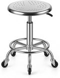 Rolling Stool, Stainless Steel Workbench Stool, Adjustable Swivel Stool Medical 5 Wheels, 304 Stainless Steel Structure Laboratory Round Pad, Load Capacity 445 lbs (Silver)