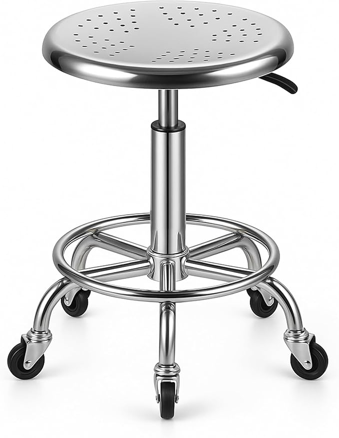 Rolling Stool, Stainless Steel Workbench Stool, Adjustable Swivel Stool Medical 5 Wheels, 304 Stainless Steel Structure Laboratory Round Pad, Load Capacity 445 lbs (Silver)