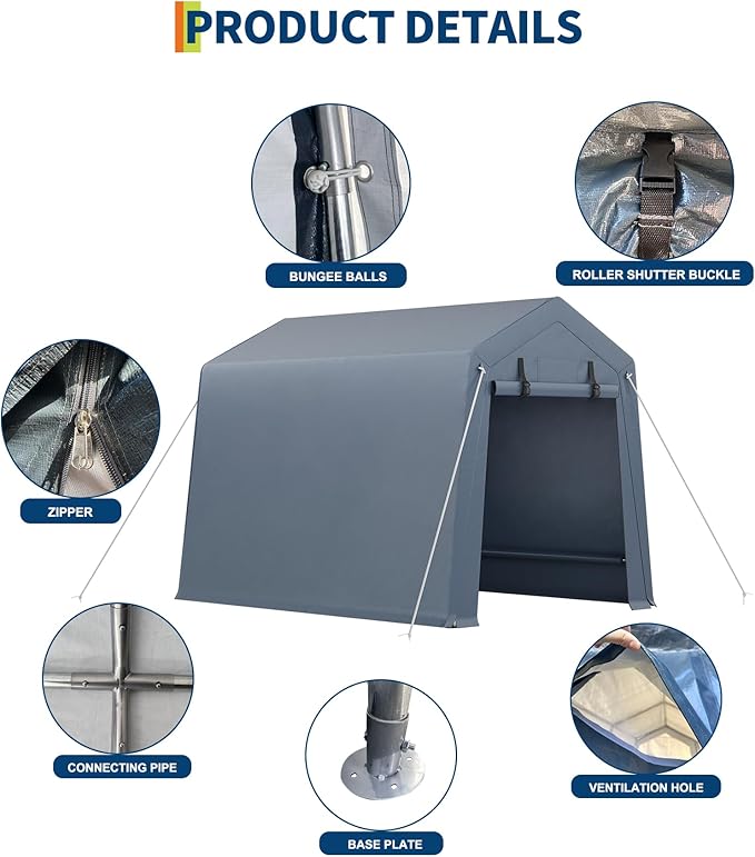 6x6 FT Outdoor Storage Shed, Portable Carport with Roll-up Ventilated Zipper Door and Windows, Heavy Duty Waterproof Tarp, Storage Sheds for Motorcycle, Bike, Firewood, Garden Tools
