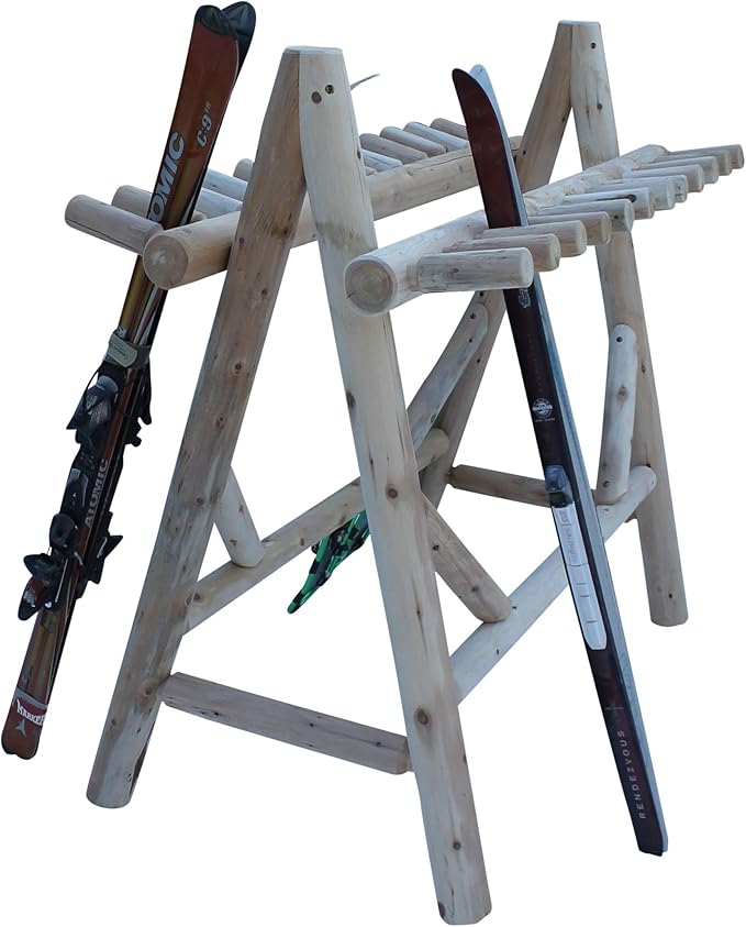 22-Place Freestanding Ski Log Racks, Pole Ski Holders, Garage Racks for Organization, Pole Stands, Snowboard Rack Garage, Snow Skis Sports Storage - Unfinished + 15" Anchor Kit