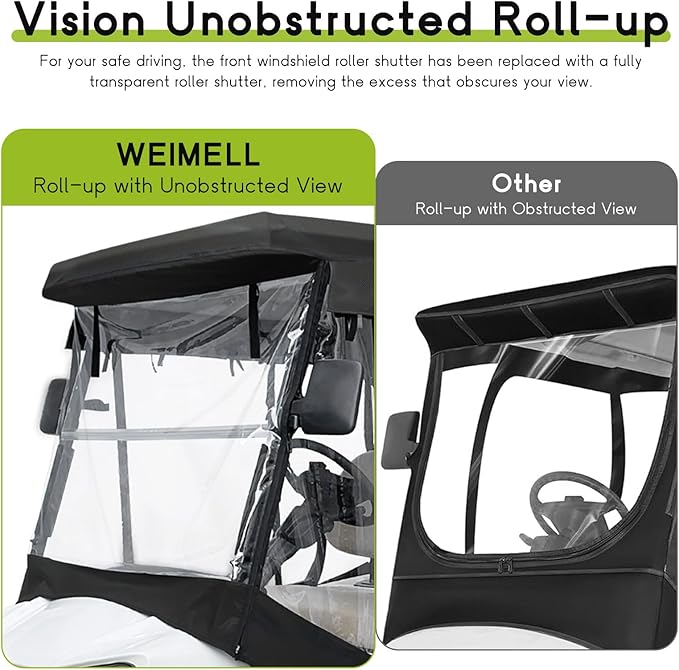 Golf Cart Enclosure 4 Passenger for Club Car Tempo Onward Extended Roof Waterproof Transparent Driving Rain Cover Fit 4-Seater with 4-Sided Clear Windows Mirror Zipper Roll-up Door Black