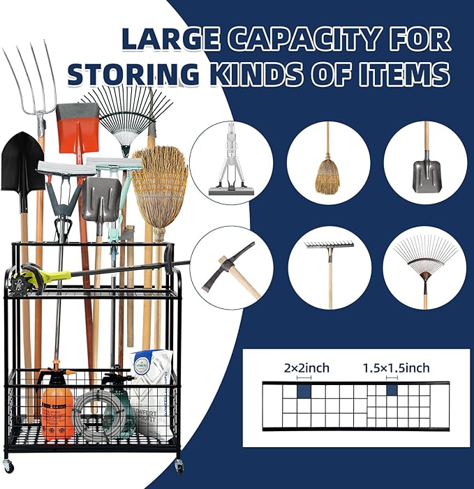 Heavy Duty Garden Tool Storage and Organizer, Yard Tool Organizer with Wheels, Thickened Metal Large Tool Organizers and Storage for Garage, Shed, Outdoor