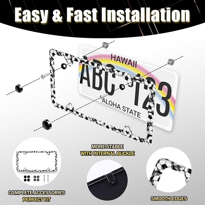 Soccer Ball License Plate Frame Football License Plate Holder Stainless Steel Funny License Plate for USA Canada 6.3" X 12.3" with 4 Holes and Screws