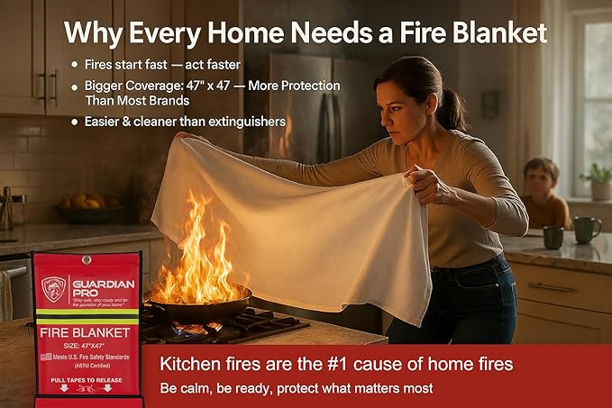 Emergency Fire Blanket for Home and Kitchen - 47"x47" - Must Have Fire Protection - Fire Suppression Fiberglass Fire Blankets for House Camping Car Office Emergency Survival Safety (4 Pack)