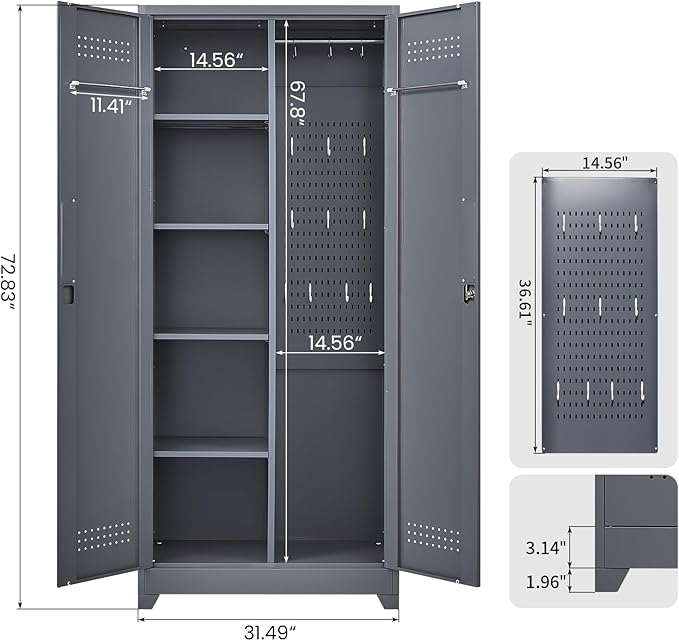 GREATMEET 72.8" Broom Storage Cabinet，Metal Storage Cabinets for Cleaning Supplies with Pegboard, Utility Closet, Broom Mop Cabinet, Grey