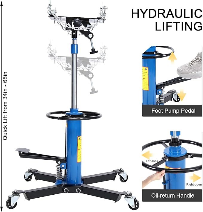 Transmission Jack 1660 lbs/ 0.75 Ton Capacity Hydraulic Telescopic Transmission Jack 34" - 68" Adjustable Height Telescoping Transmission Hydraulic with 360° Swivel Wheels Lift Hoist