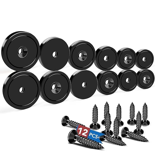 LOVIMAG Strong Neodymium Cup Magnets, 3 Sizes, 12Pcs Black Heavy Duty with Countersunk Hole and Screw for Wall Mounting, Holding Tools, Lifting, Fridge, Cabinet