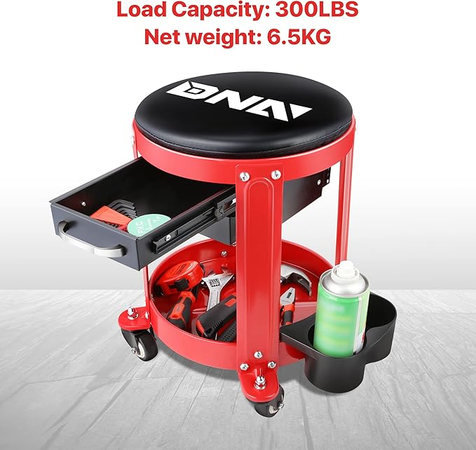 DNA Motoring TOOLS-00197 Round Mechanics Roller Seat Creeper Stool With Padded Cushion, Tool Storage Drawer & Tray, 300 Lbs Max Weight Capacity