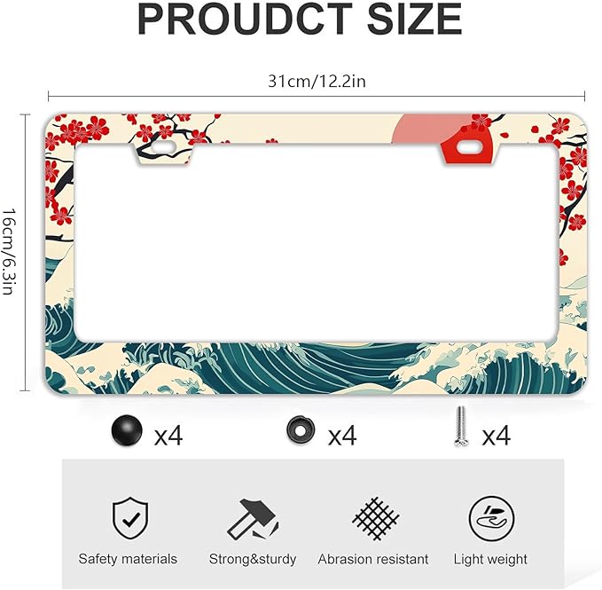 Waves Cherry Blossom License Plate Frames - 2 Pcs Set 2 Holes Stainless Steel Metal Auto Car Accessories Decoration License Plate Frame Cover Size 6.3" x 12.2" Fit US Vehicles for Women Men Gift