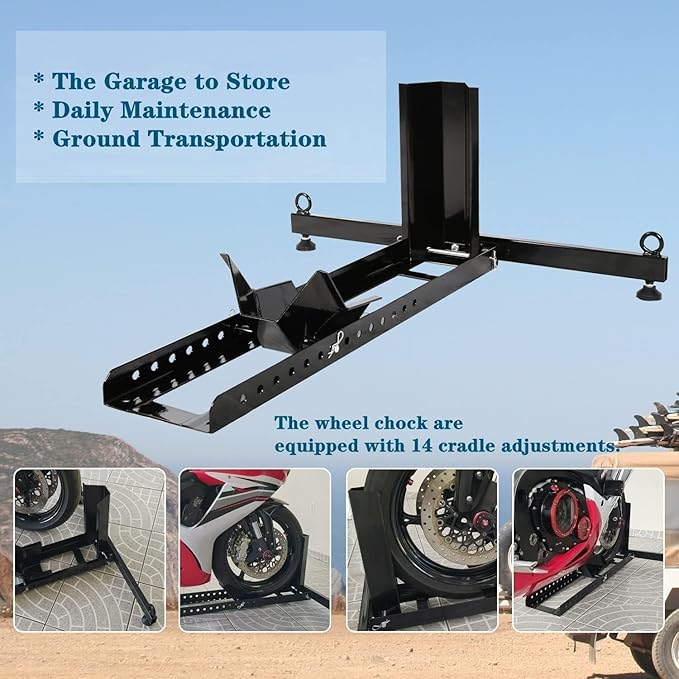KUAFU Motorcycle Wheel Chock Stand Upright 1800 LBS, Wide Range 3“ to 5” Support Adjustable Heavy Duty Motorcycle Stand Front Wheel Tire Chock for Trailer/Truck/Garage Power Coated Steel