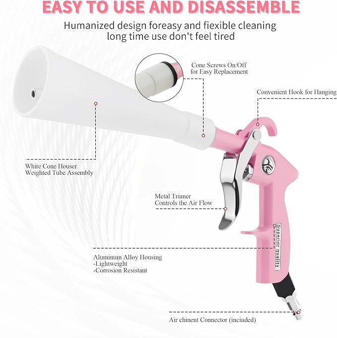 XIAOFENG Tornado Dry Cleaning Gun Detailing Interior Dryer Air Blow Gun with 2 Set Nozzle High Pressure Car Drying Blower Gun for Women Car Quickly Blasts Dirt and Dust from Surface Pink