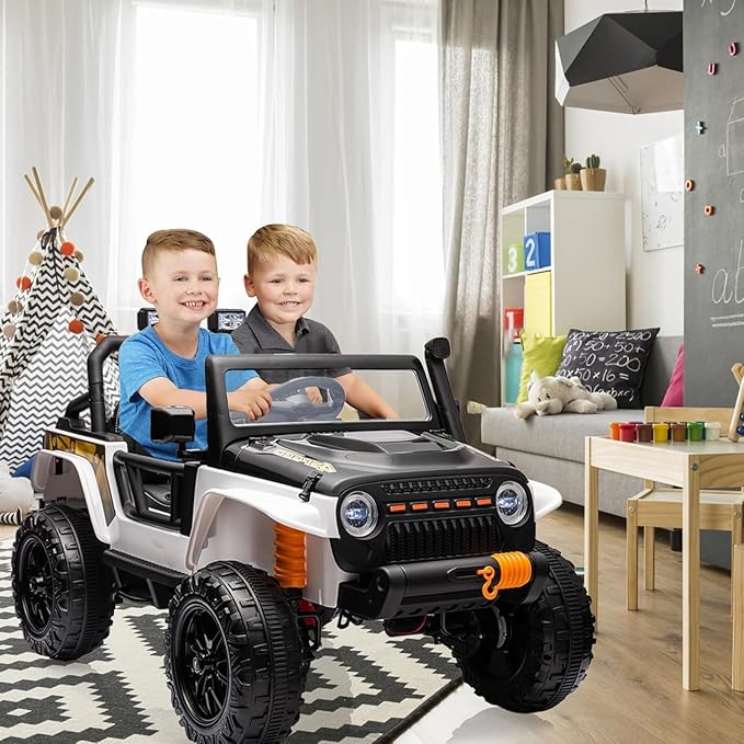 Hetoy 24V 2 Seater Ride On Car for Kids, Electric Truck with Remote Control, Ride on Truck w/ 4-Wheeler Suspension, 4x55W Powerful Engine, 4WD Battery Powered, LED Lights, Soft Braking（Black）