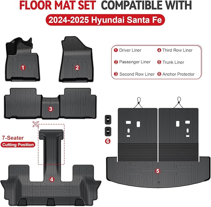 Floor Mats for 2024 2025 2026 Hyundai Santa Fe 6-Seat/7-Seat (Fit Hybrid and Fuel), All Weather TPE Floor Mat and 2-in-1 Cargo Mat with Backrest Mat for Santa Fe Accessories