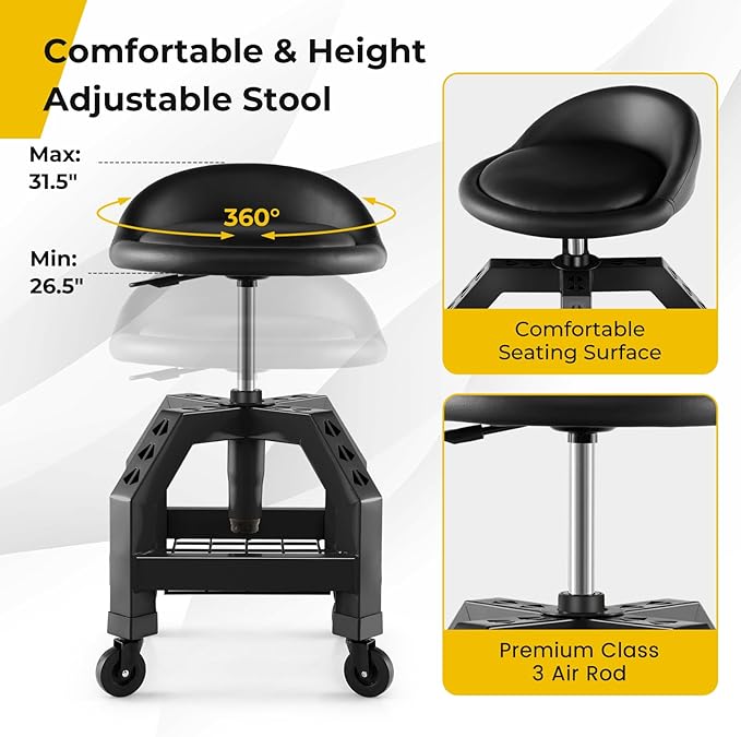 S AFSTAR Shop Stool with Wheels, Height Adjustable Garage Stool with 4 Universal Wheels & Tool Tray, 330 LBS Capacity, Heavy Duty Creeper Chair Seat Rolling Mechanic Stool for Garage Workshop (Black)