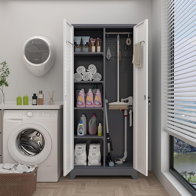 GREATMEET 72.8" H Metal Garage Storage Cabinets with Lock Door and Adjustable Shelves,Grey&White Broom Closet Storage Cabinet for Cleaning Supplies, Utility Closet for Garage, Bathroom,Kitchen,Home