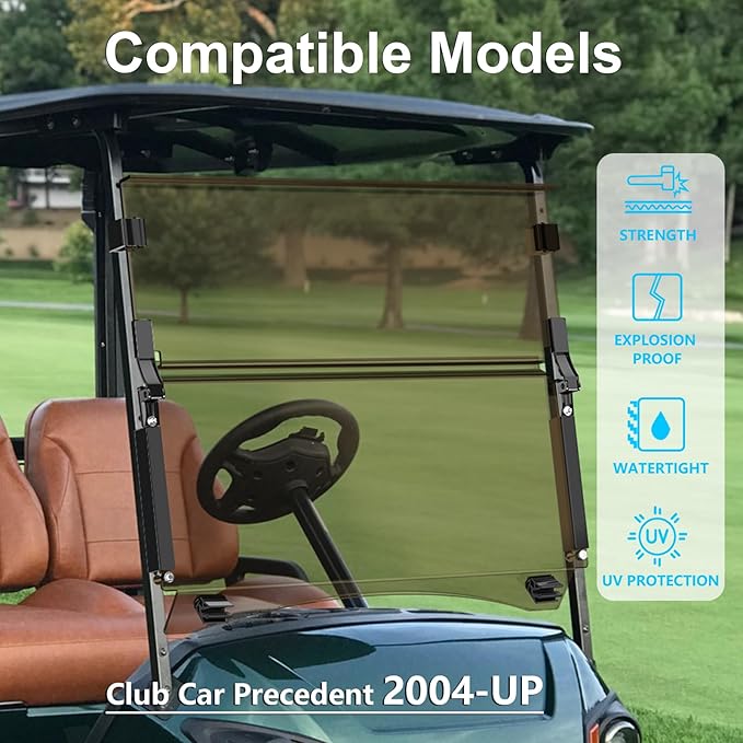Club Car Precedent Windshield,Golf Cart Windshield for Precedent/Tempo/Onward (2004-Up)– Heavy Duty Hinges, Foldable, Anti-UV & Impact Resistant, 5MM Thick PC Material, 37.6"W X 33.2"H (tinted)