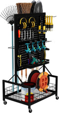 All-in-One Garage Storage Cart with Locking Wheels – Heavy-Duty Tool Organizer with Rack, Pegboard & Hooks & Accessories – Ideal for Garage, Garden, Yard – Utility Cart with Versatile Storage