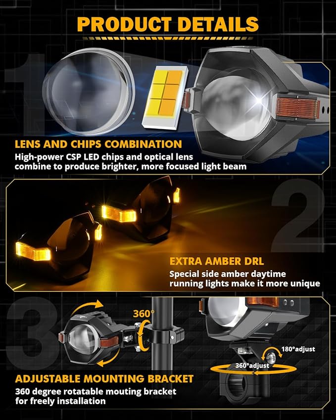 Auxbeam Motorcycle LED Fog Lights Auxiliary Lights Driving Light Spotlights 8 Modes White/Amber Dual Color Strobe Switchback 3 Inch 60W LED Offroad Work Light for Motorcycle ATV UTV Trucks - 2Pcs