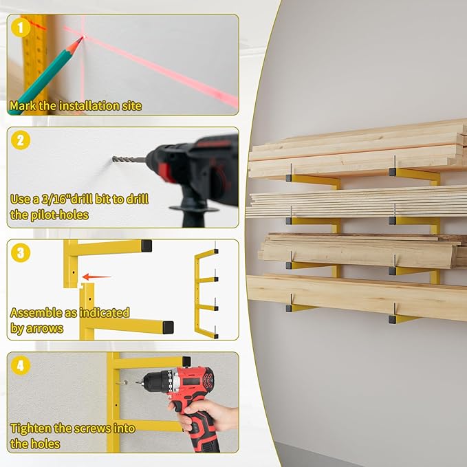4-Pack Lumber Storage Rack, Wood Storage Racks Wall Mount, Heavy Duty Garage Wood Organizer with 8-Level System, Yellow Utility Rack Organization Up 1600 Lbs, Metal Lumber Shelf for Indoor & Outdoor