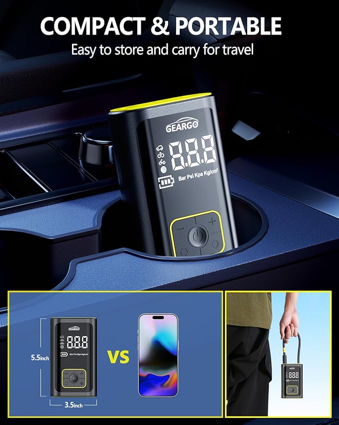 GEARGO Portable Tire Inflator Air Compressor 150PSI Cordless Air Pump for Car, Motorcycle, Bicycle Tires, Balls, 3X Faster Auto Smart Air Pump with Digital Pressure Gauge, LED Light, Black Yellow