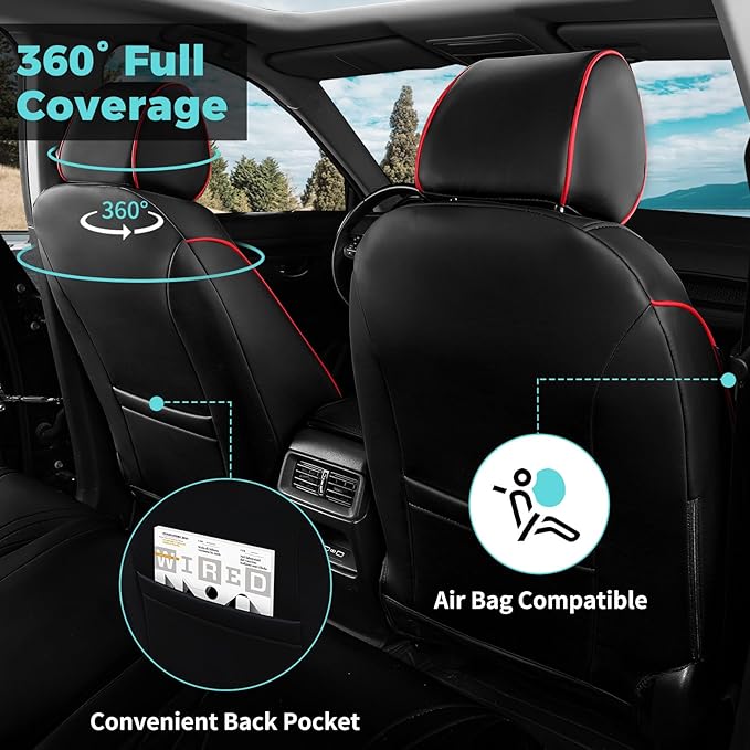 Seat Covers for Honda CRV 2023 2024 2025 2026 EX/EXL/LX/Sport/Touring/Special Edition, Hybrid & Gas, 1:1 Custom Leather Seat Covers Full Set - BlackRed
