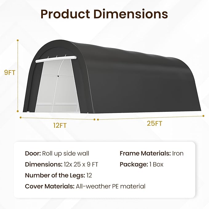 Kiss the Water Carport, Round Portable Garage, Steel Heavy Duty Carport with Ground Stakes, Tensioner and 2 Roll Up Windows PE Fabric Car Port, Garage, Storage Shed, Tent for Storage, SUV (12x25 Ft)