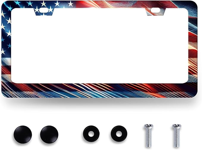 Patriotic American Flag License Plate Frame USA License Plate Stainless Steel Funny Accessories Cars Decor 12.2 X 6.2 Inch with 2 Holes and Screws Fits Standard Us Ca Vehicles