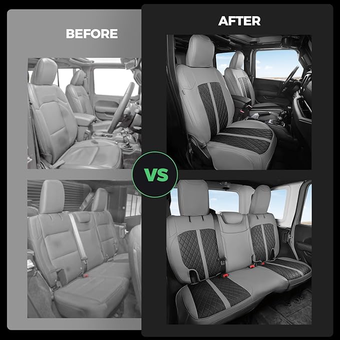 for Jeep Wrangler Seat Covers 4Door JL 2018 2019 2020 2021 2022 2023 2024 2025, Custom Fit Car Seat Cover Full Set, Luxury Waterproof Leather Seat Protectors, Gray Black, W/O Rear Cup Holder