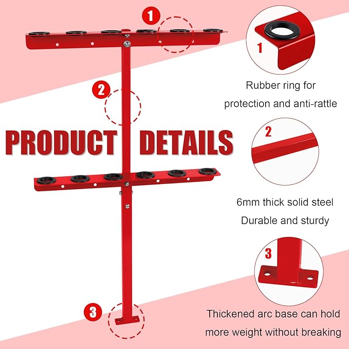 Vertical Hand Rack for Enclosed Landscaping Truck Trailer Garage or Shed Walls Holds 6 Tools for Shovels, Rakes, Hoes, Open Trailer Storage, 1 Pack (Red)